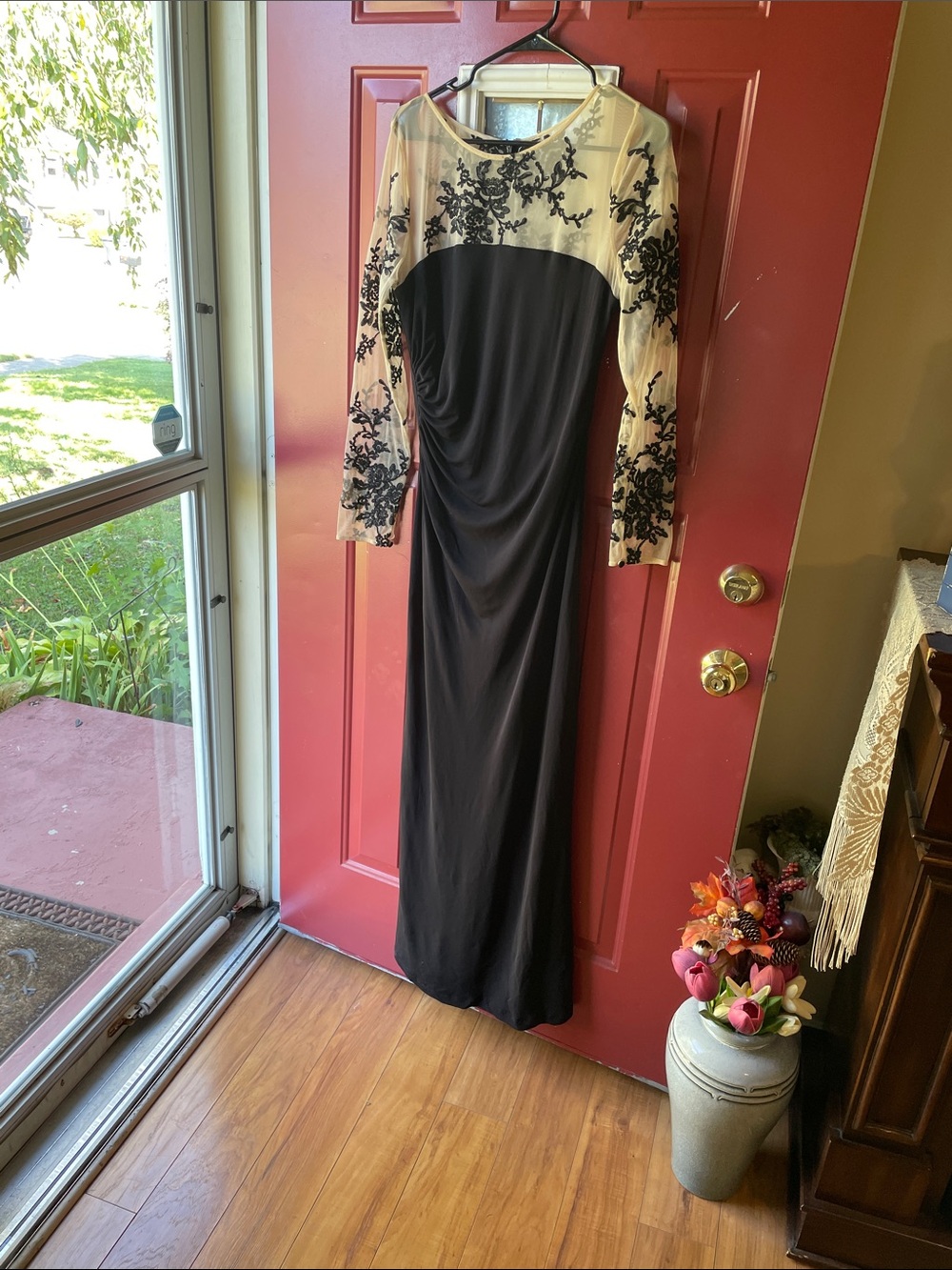 David Meister Black Evening Gown with Nude Illusion and Black Embroidery
